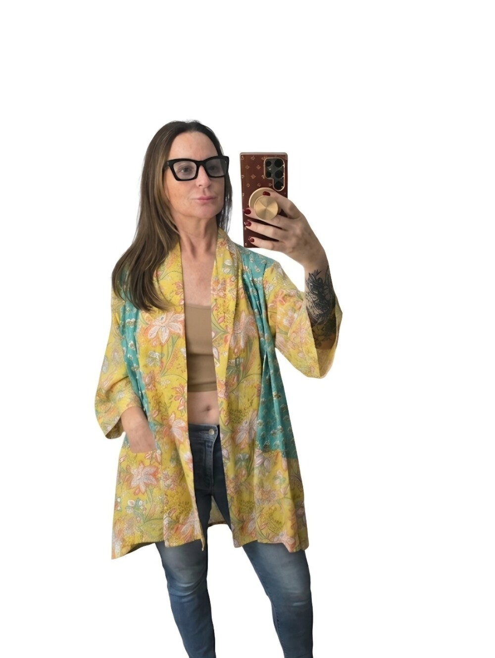 Yellow & Teal Floral Kimono Jacket